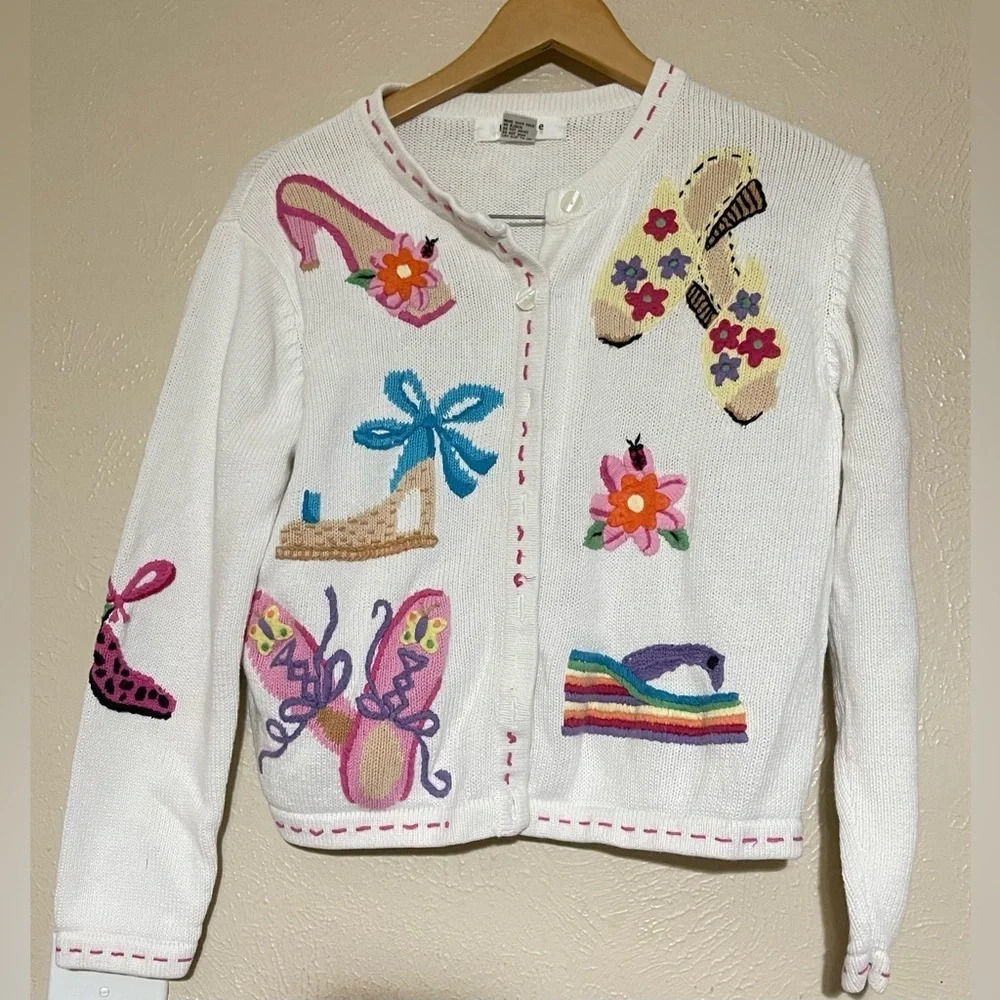 Vintage 2000s Y2K Thyme Novelty Shoe Print White Rainbow Cardigan Sweater M